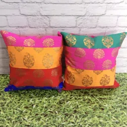 Pink Parrot Yellow & Green 2 Pieces Ethnic Motifs Jacquard Silk Square Cushion Covers-image-15