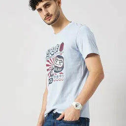celio celio* Light Blue Regular Fit Printed Cotton Crew T-Shirt image 3