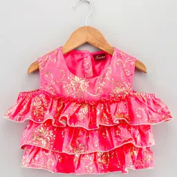 TWISHA Kids Coral & Green Floral Print Top with Ghagra image 3