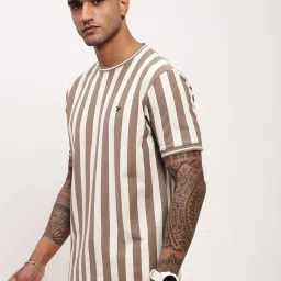 showoffff Showoff Olive & White Cotton Slim Fit Striped T-Shirt image 3
