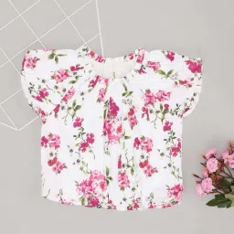 Pantaloons Junior Girls Snow White & Pink Cotton Floral Casual Tops & Tees-image-84