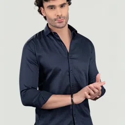 Almaty Navy Blue Cotton Slim Fit Shirt image 3