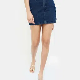 Ginger by Lifestyle Blue Cotton Bodycon Skirt-image-85