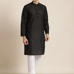 SOJANYA Men Black Chikankari Pure Cotton Kurta with Churidar & Nehrujacket image 5