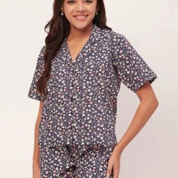 Moomaya Blue Cotton Floral Print Shirt With Shorts-picture-12