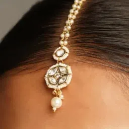 Abdesigns Gold-Tone Plated Polki Kundan Studded And Beaded Maang Tikka Headpiece-picture-39