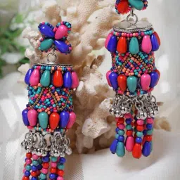 Moedbuille Multi Color Beads and Pearls Afghan Tasselled Design Silver Plated Handcrafted Earrings-image-46
