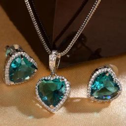 Saraf RS Jewellery Silver Plated Blue AD Studded Heart Shaped Pendant with Earrings Set-picture-9