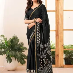 Satrani Black Pure Cotton Printed Saree With Unstitched Blouse-image-2