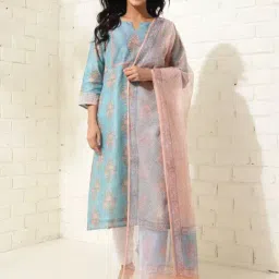 Fabindia Blue Cotton Silk Hand Block Printed 2Pc Kurta Set-image-29