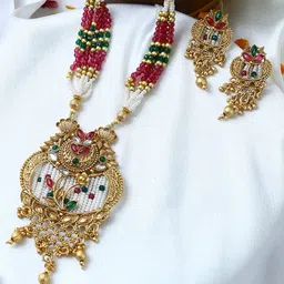 Adwitiya Collection Gold-Plated Stone Studded & Beaded Antique Floral Motif Jewellery Set-image-58