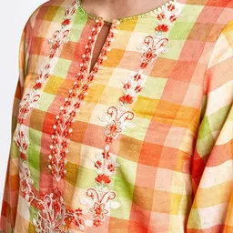 Global Desi Women Orange & Lime Green Checked Straight Kurta image 4