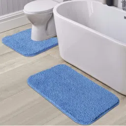 OBSESSIONS Anti-Skid Polyester Bath Mat and Contour Mat, Blue (Set of 2)-image-64