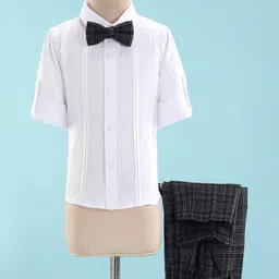 Robo Fry Cotton Lycra Full Sleeves Shirt with Bow and Pants Set Checks - White-image-6