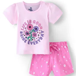Doodle Poodle 100% Cotton Half Sleeves Night Suit Floral Print - Pink-image-88