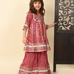 Superminis Three Fourth Sleeves Floral Printed With Gota Lace Detailed Kurti Sharara Set - Pink-picture-23