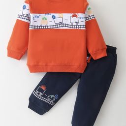 Kookie Kids Terry Knit Full Sleeves Cut & Sew Winter Wear Suit With Train Print - Red-picture-10