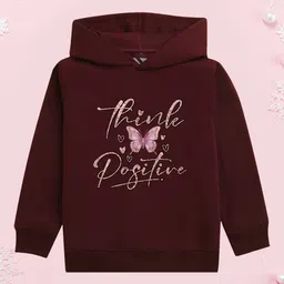 NUSYL Fleece Full Sleeves Shimmered Think Positive Text & Buttery Printed Hoodie - Burgundy-picture-28