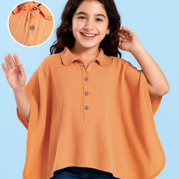 arias by lara dutta Arias Cotton Woven Half Sleeves Kaftan Style Solid Color Top with Frills Detailing at Collar - Orange-picture-6