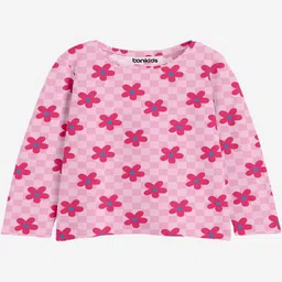 Bonkids Cotton Knit Full Sleeves Chessboard Checked & Floral Printed Tee - Pink-picture-13