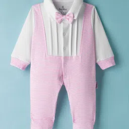Child World Interlock Knit Full Sleeves Striped Footed Romper With Bow - Pink & White-picture-27