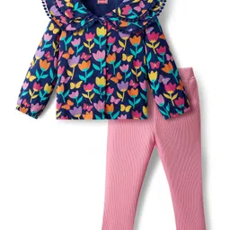 Babyhug Single Jersey Knit Full Sleeves Top & Leggings Set With Floral Print - Navy Blue & Pink-picture-26