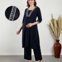 Bella Mama Woven Three Fourth Sleeves Embroidered Yoke Maternity Suit Set - Navy Blue-image-2