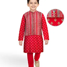EARTHY TOUCH Single Jersey Knit Full Sleeves Kurta Pyjama & Nehru Jacket Set with Floral Print - Red-picture-21