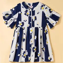 kookie kids india Kookie Kids Cotton Woven Three Fourth Sleeves Front Open Frock with Stripes & Floral Print - Navy Blue & White-picture-32