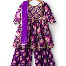teentaare Teentare Cotton Woven Full Sleeves Kurta & Sharara Set With Floral Print - Purple-picture-14