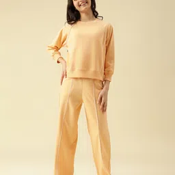 Lil Tomatoes Cotton Looper Knit Full Raglan Sleeves Solid Light Winter Sweatshirt & Track Pants Set - Peach-picture-17