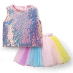 Babyhug Woven Sleeveless Mesh Top & Skirt Set With Sequin Detailing - Multicolour-picture-14