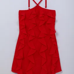 Taffykids Georgette Woven Sleeveless Cascade Ruffle Detailed Dress - Red-picture-19