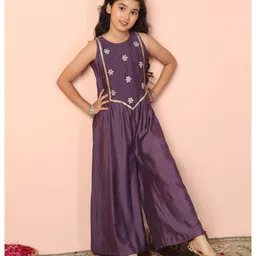 Fashion Dream Chanderi Woven Sleeveless Floral Embroidered & Sequins Embellished Jumpsuit - Purple-picture-20