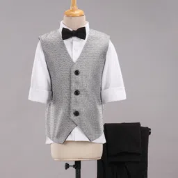 Babyhug Full Sleeves Party Suit With Waistcoat & Bow- Grey Black image 2