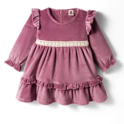 ToffyHouse 100% Cotton Knit Full Sleeves Tiered Solid Frock with Printed Stockings & Headband - Plum image 2