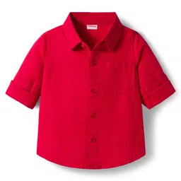 Babyhug Cotton Woven Full Sleeves Solid Color Shirt & Jeans Set - Red & Blue image 2
