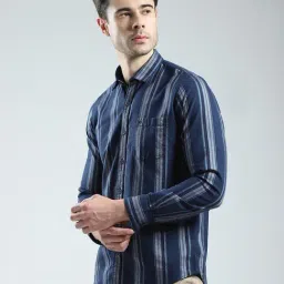 Monte Carlo Navy Blue Cotton Regular Fit Striped Shirt image 3