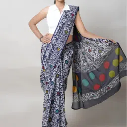 Unnati Silks Navy & White Printed Saree With Unstitched Blouse-picture-19
