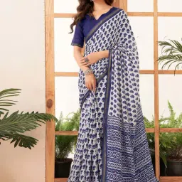 Satrani White & Navy Blue Pure Cotton Printed Saree With Unstitched Blouse-image-31
