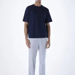 Jack & Jones Blue Cotton Regular Fit Checks Nightwear Set-image-91