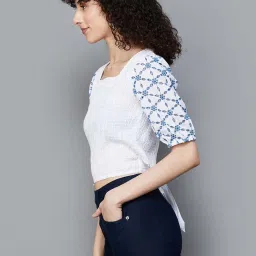 Colour Me by Melange Off-White Cotton Embroidered Crop Top image 3