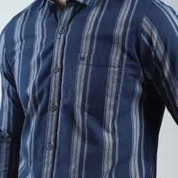 Monte Carlo Navy Blue Cotton Regular Fit Striped Shirt image 5
