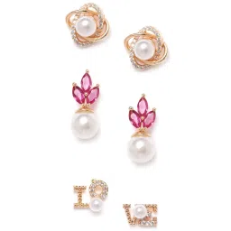 Zaveri Pearls Combo of 3 Cubic Zirconia Diamonds & Pearls Contemporary Stud Earrings - ZPFK9744 image 3