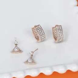 Zaveri Pearls Set of 2 Rose Gold Contemporary Cubic Zirconia Brass Hoop & Drop Earrings - ZPFK11142 image 3