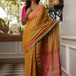 Unnati Silks Yellow & Pink Cotton Printed Saree With Unstitched Blouse-image-87