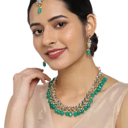 Zaveri Pearls Kundan & Dangling Green Beads Necklace Earring & Maangtikka Set-ZPFK9173-picture-22