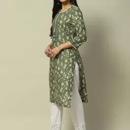 Rangriti Green Cotton Printed Straight Kurta image 3