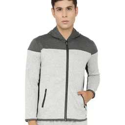 Chkokko Grey Regular Fit Colour Block Hooded Jacket-image-11