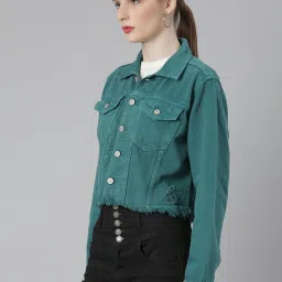 showoffff SHOWOFF Teal Regular Fit Crop Denim Jacket image 3